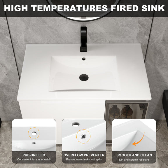 White vanity top with integrated rectangular sink and a single faucet hole
