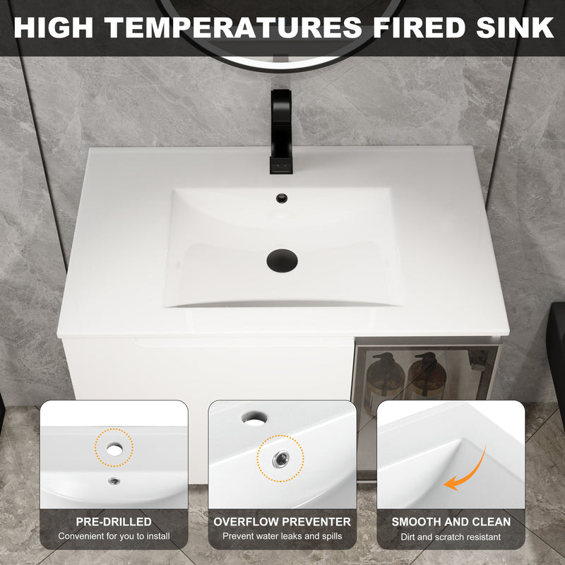 White vanity top with integrated rectangular sink and a single faucet hole