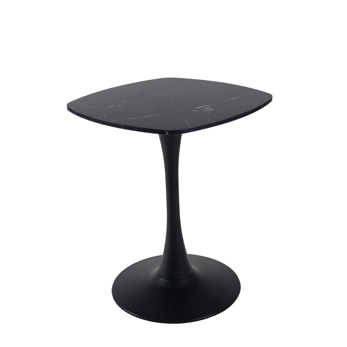Black rounded-square dining table with flared pedestal base