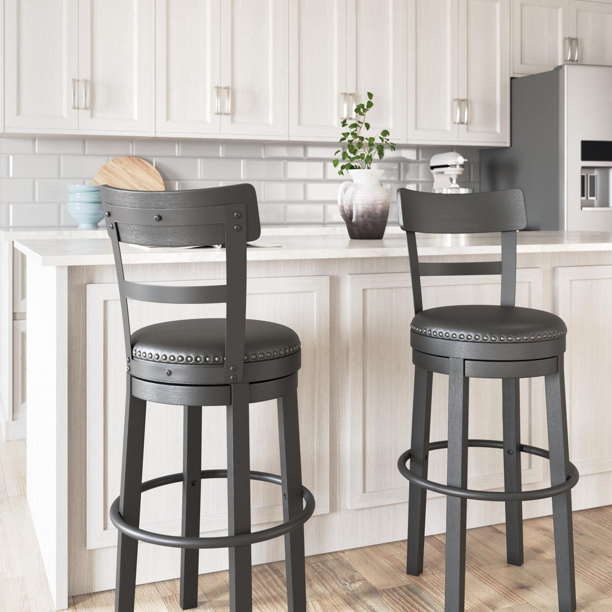 Tall upholstered swivel barstool with dark frame and gray round padded seat