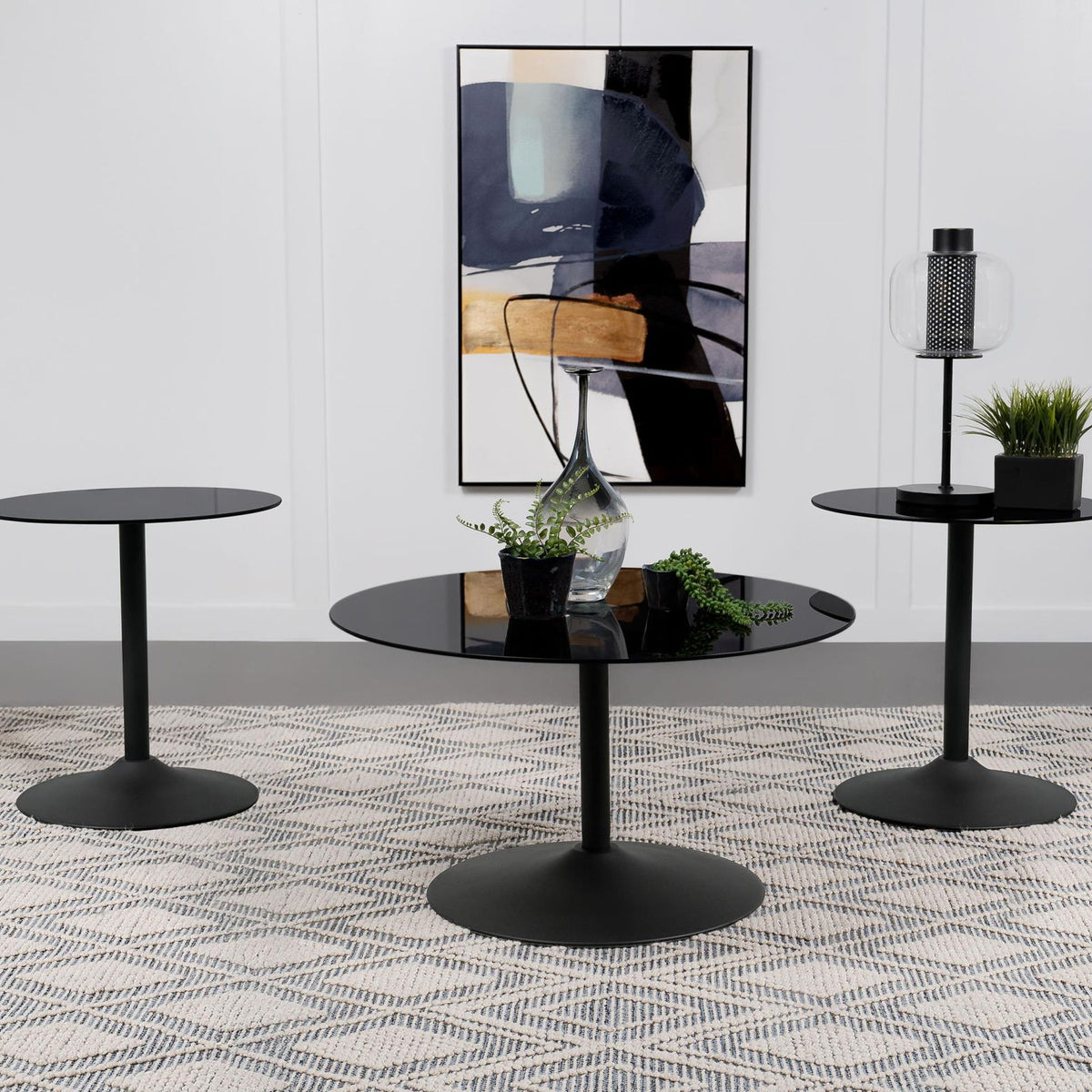 Ganso 3-piece Round Glass Top Coffee and End Table Set Black