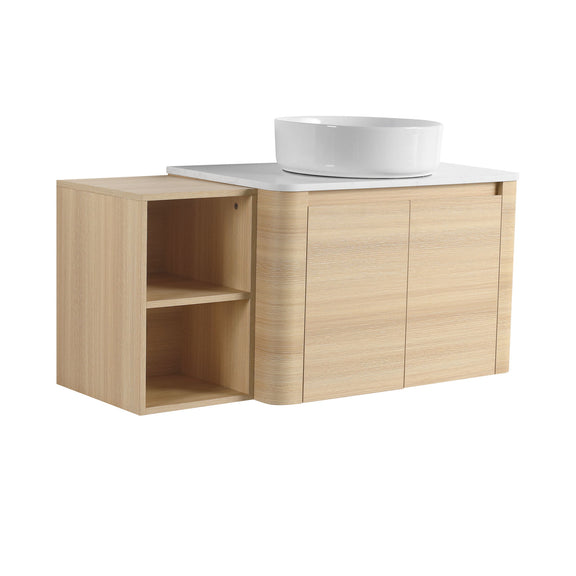 Mounted bathroom vanity with vessel sink and two-door storage cabinet, open side shelf