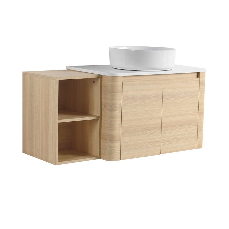 Mounted bathroom vanity with vessel sink and two-door storage cabinet, open side shelf