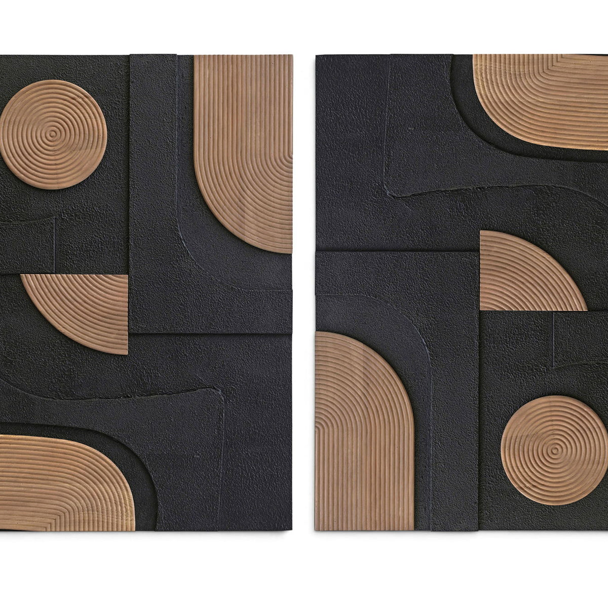 Two-piece wall art set with dark textured panels and light brown curved wood stripe details