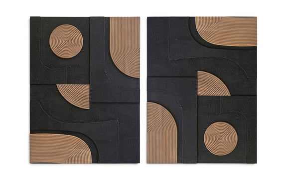 Two-piece wall art set with dark textured panels and light brown curved wood stripe details
