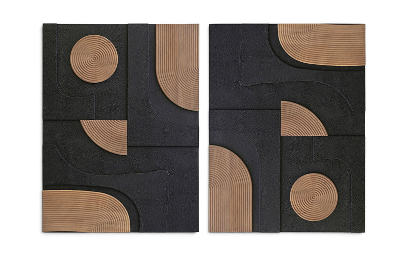 Two-piece wall art set with dark textured panels and light brown curved wood stripe details