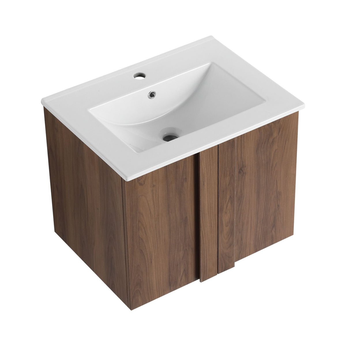 Floating bathroom vanity with sink, dark brown cabinet and white rectangular basin