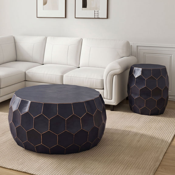 2-piece round ottoman table set, dark navy hex-pattern sides, gray tops