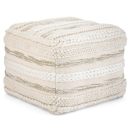 White handcrafted square pouf with woven stripes and braided chunky texture