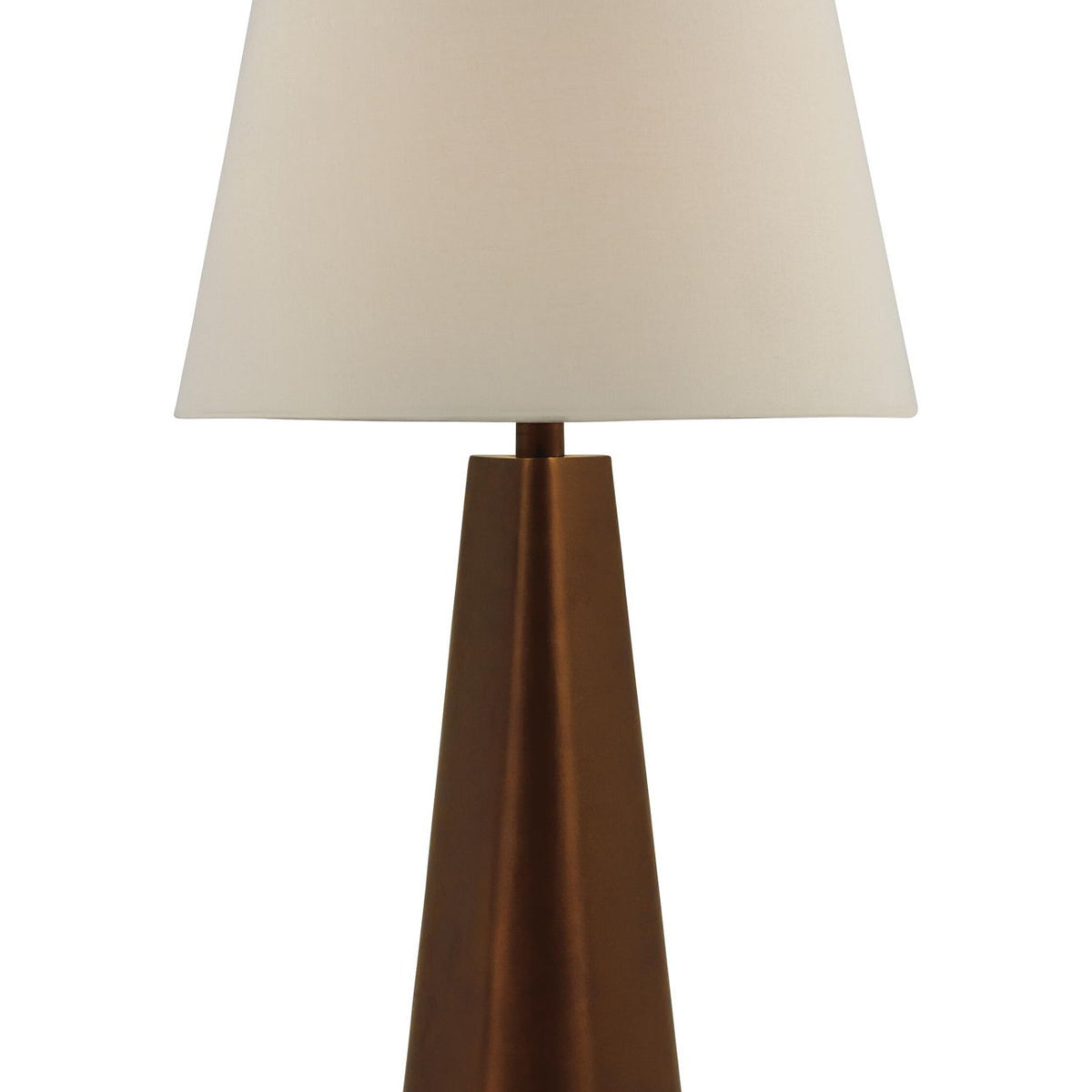 Bronze metal table lamp, white drum shade and tapered pedestal base