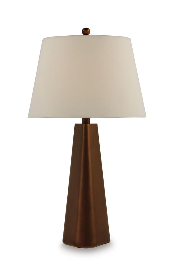 Bronze metal table lamp, white drum shade and tapered pedestal base