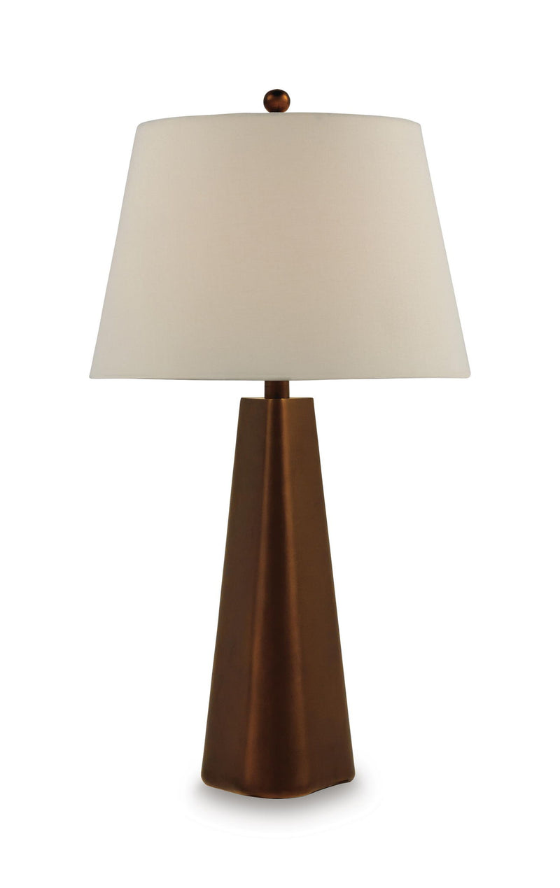 Bronze metal table lamp, white drum shade and tapered pedestal base