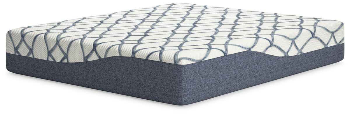 California king mattress with white and blue quilted lattice top and dark gray sides