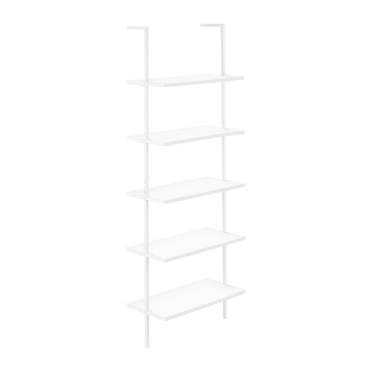 White 5-tier ladder bookcase with five open shelves and vertical side rails