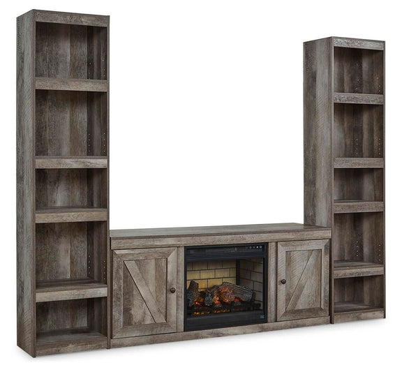 3-piece gray entertainment center with electric fireplace and open shelving