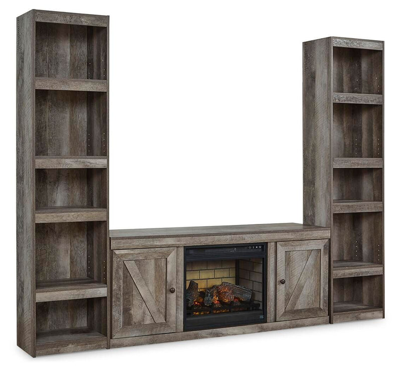 3-piece gray entertainment center with electric fireplace and open shelving