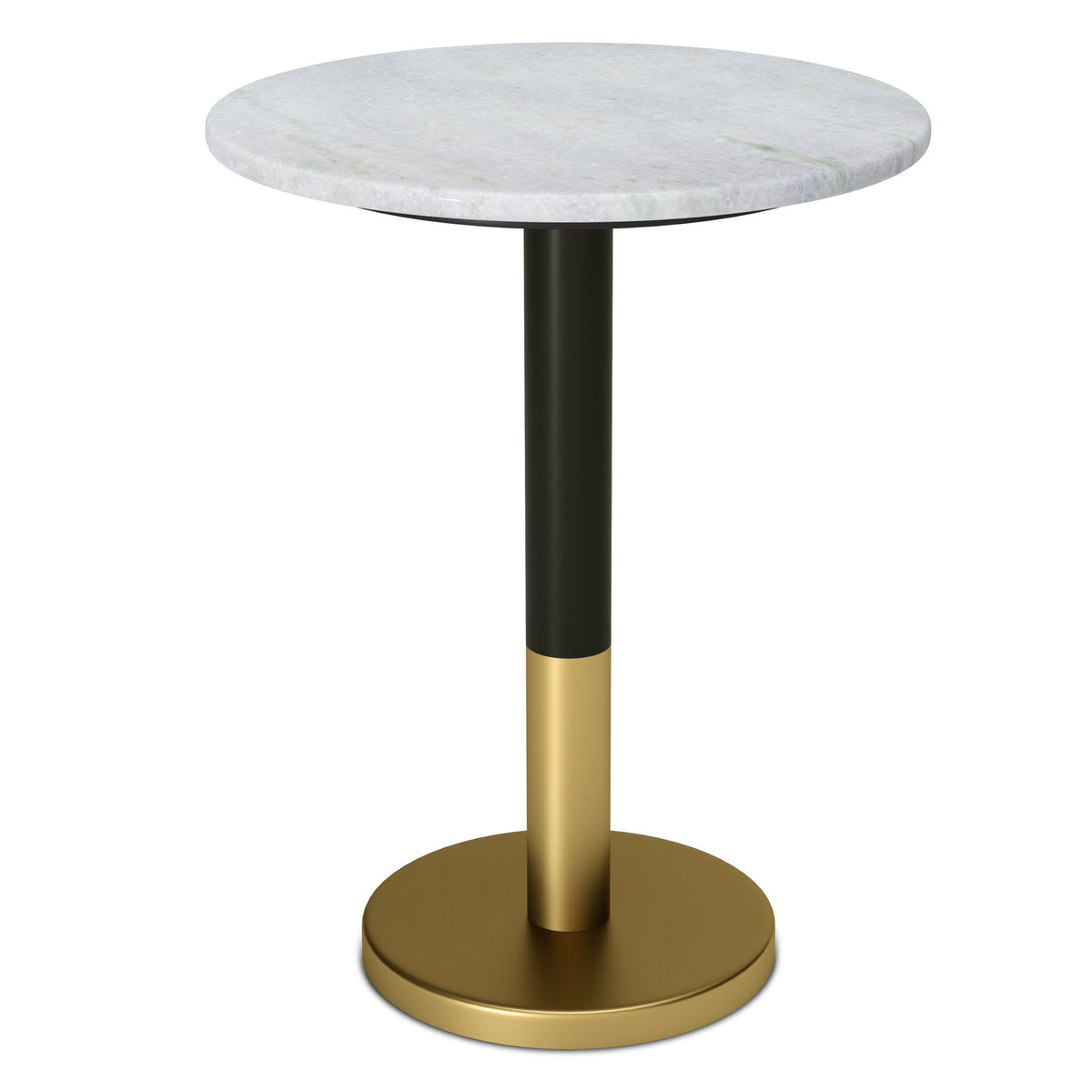 Round white marble side table with a black and gold stem and circular gold base