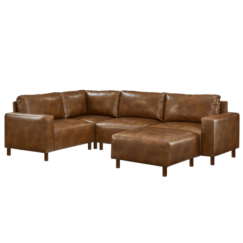 Dark brown modular sectional sofa with matching ottoman seats and cushioned armrests