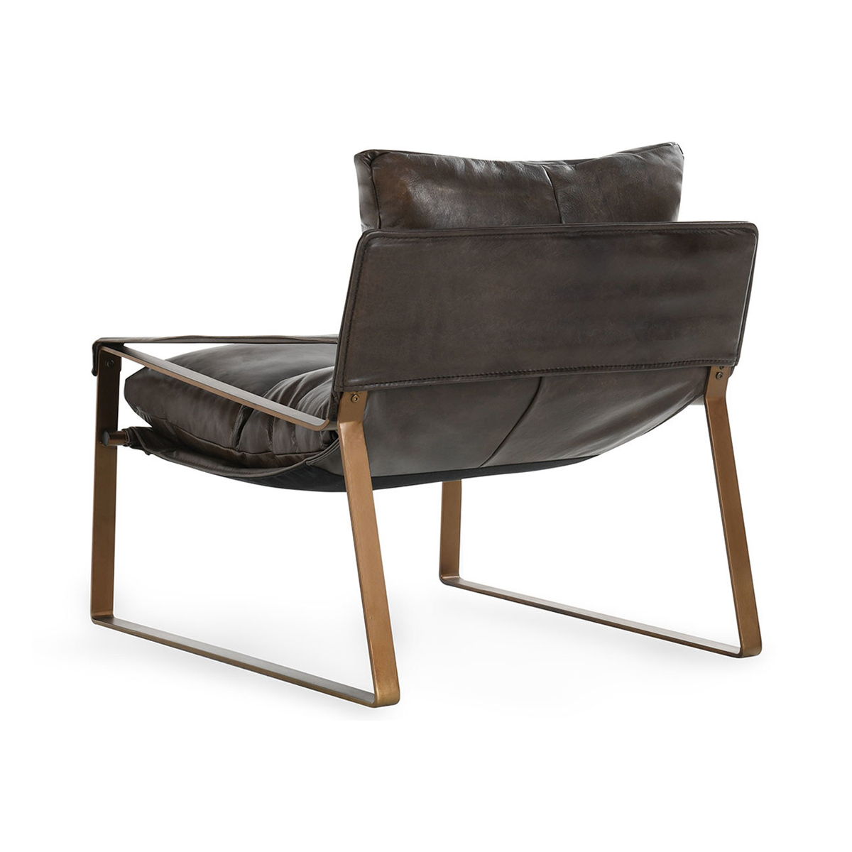 Brown accent chair with padded seat and back, wood arms, and metal side frame