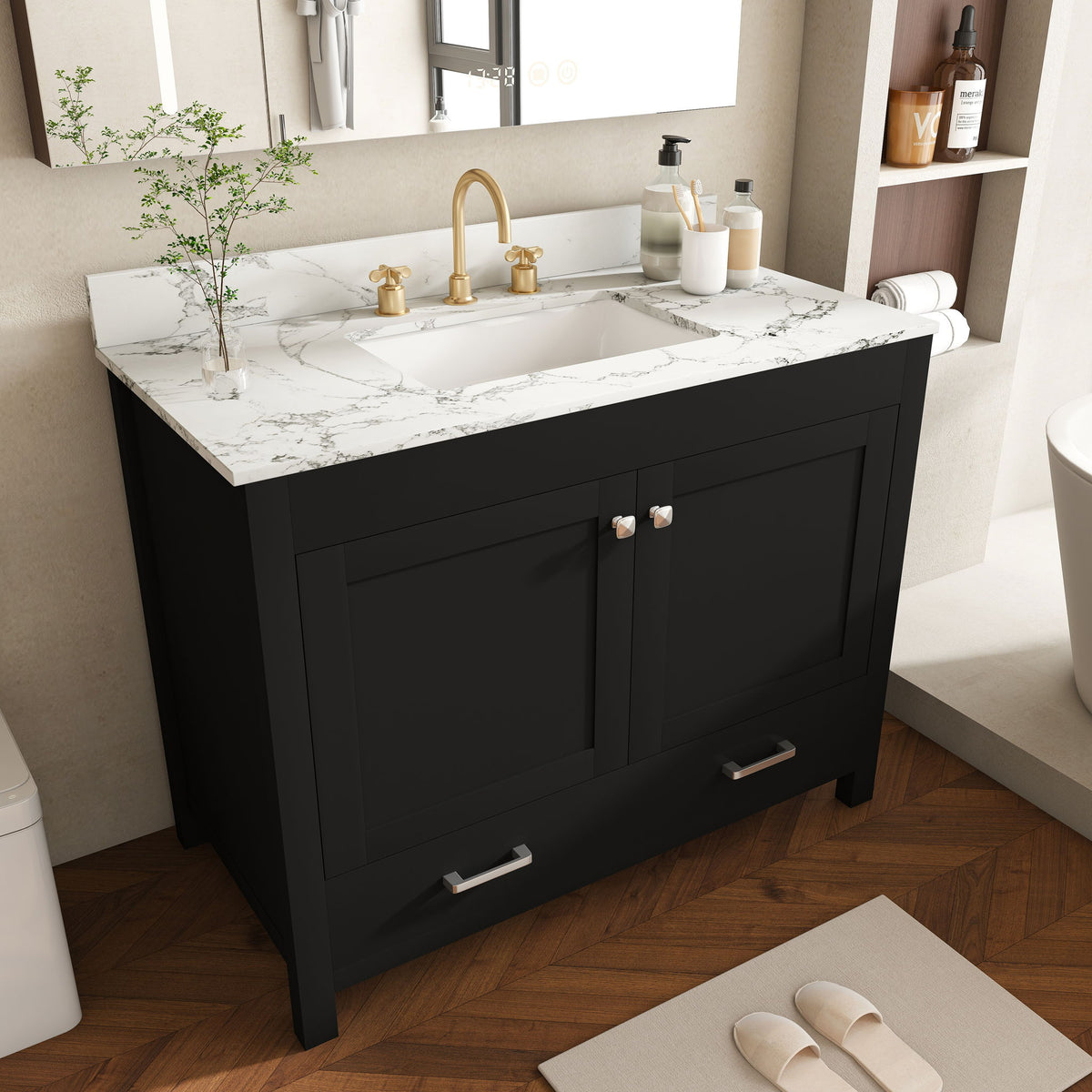 Black bathroom vanity set with white stone-look countertop, sink, and gold 3-hole faucet