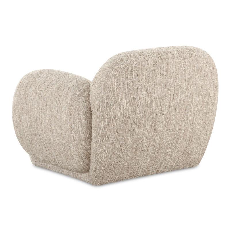 Off-white upholstered lounge chair with rounded arms and low back.