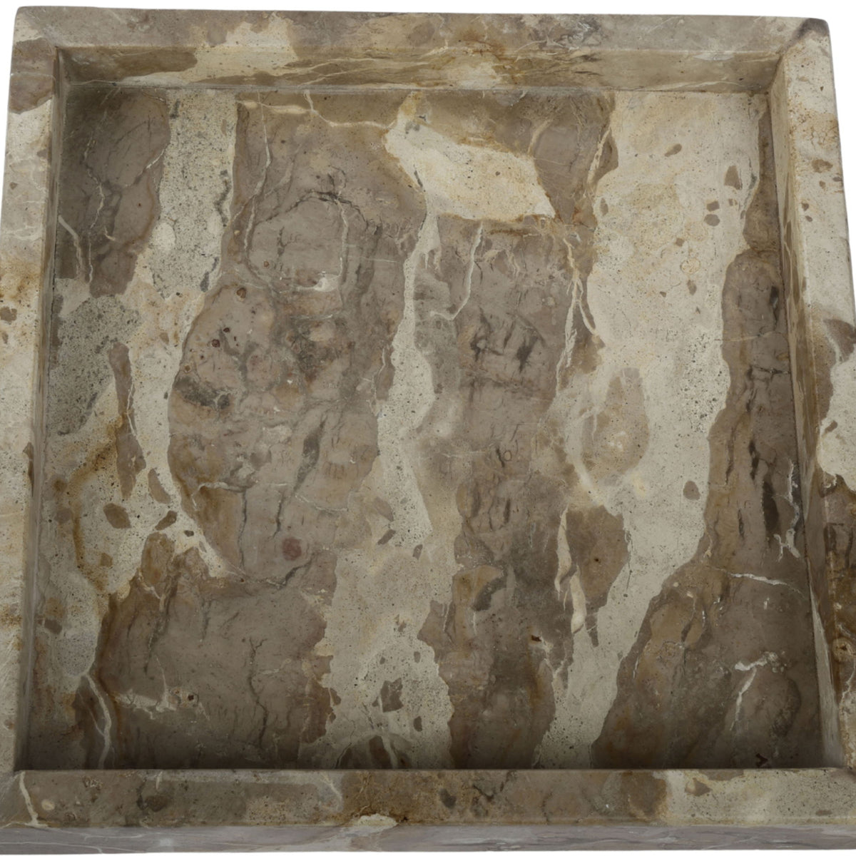 Beige and gray veined marble tray with square basin and raised border