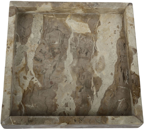 Beige and gray veined marble tray with square basin and raised border
