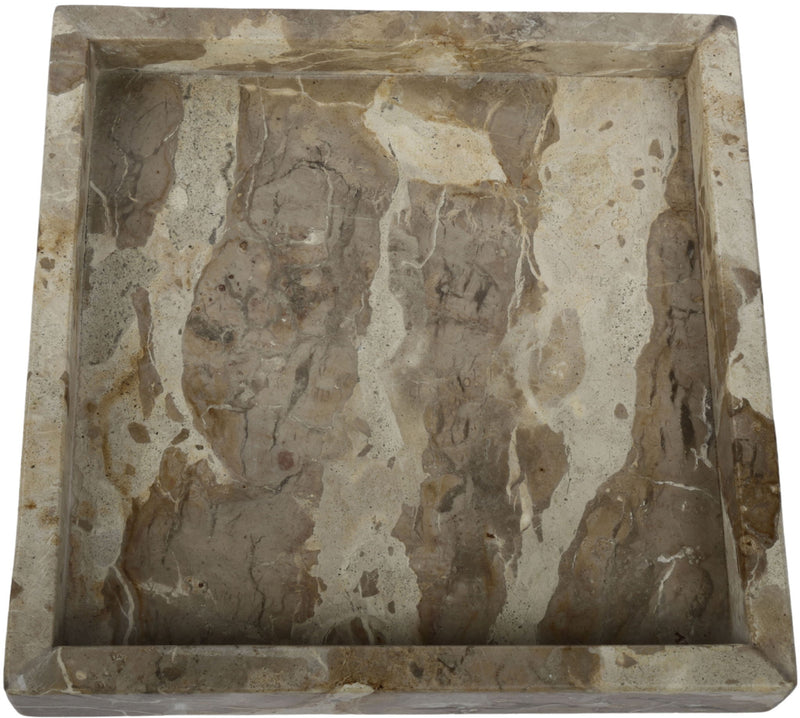 Beige and gray veined marble tray with square basin and raised border