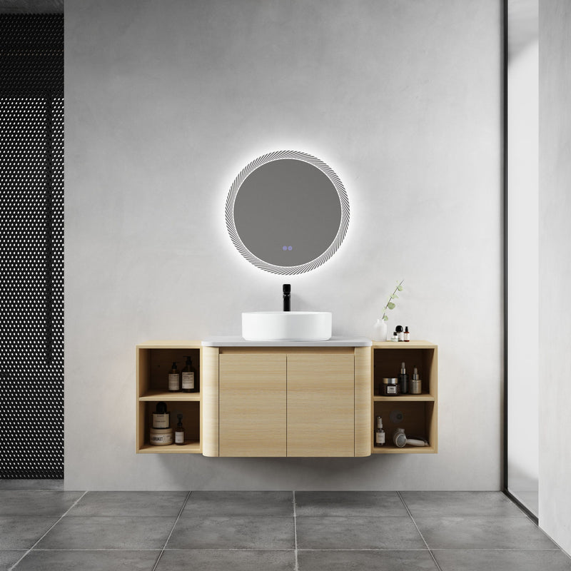 Wall-mounted bathroom vanity with round white sink and open storage compartments