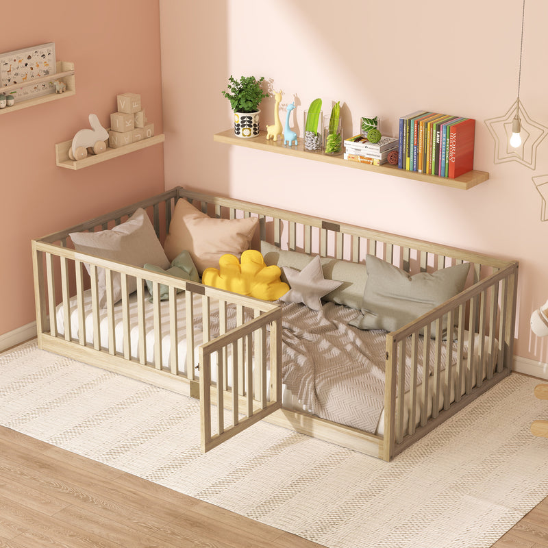 Twin Size Floor Bed with High Fence Railings, with Door, Rubber Wood Floor Bed with Safety Guardrails, Natural