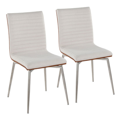 Set of 2 dining chairs, beige striped fabric seat and back, metal legs, armless design