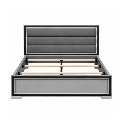 Light gray upholstered bed frame with padded headboard and slatted base, open view