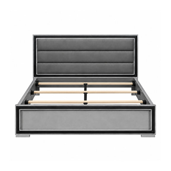Light gray upholstered bed frame with padded headboard and slatted base, open view