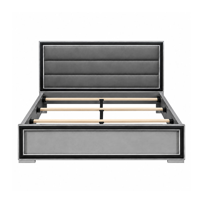 Light gray upholstered bed frame with padded headboard and slatted base, open view