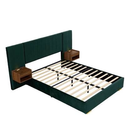 Upholstered Bed Frame Of Velvet Tufted Headboard With Floating Nightstand LED / USB Built
