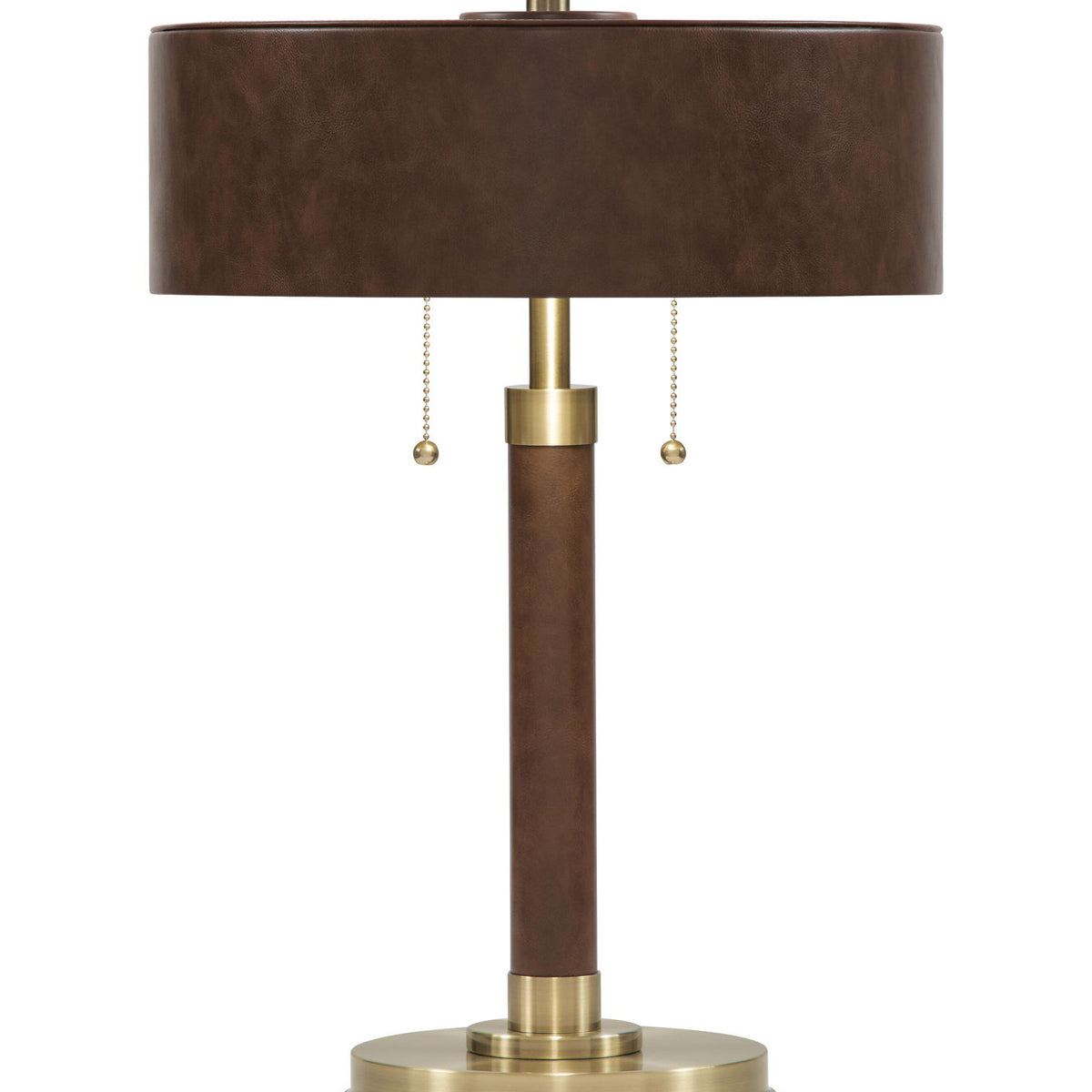 Brown drum shade table lamp with gold stand and base