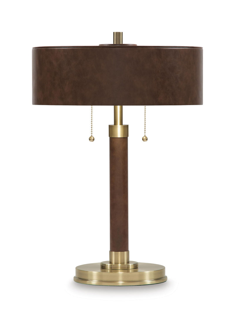 Brown drum shade table lamp with gold stand and base