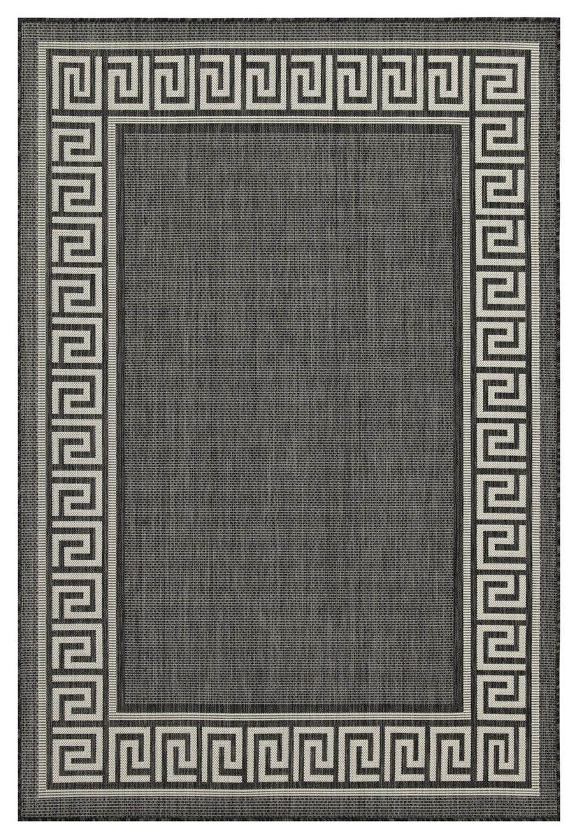 Indoor/outdoor area rug with charcoal gray Greek key border and darker center