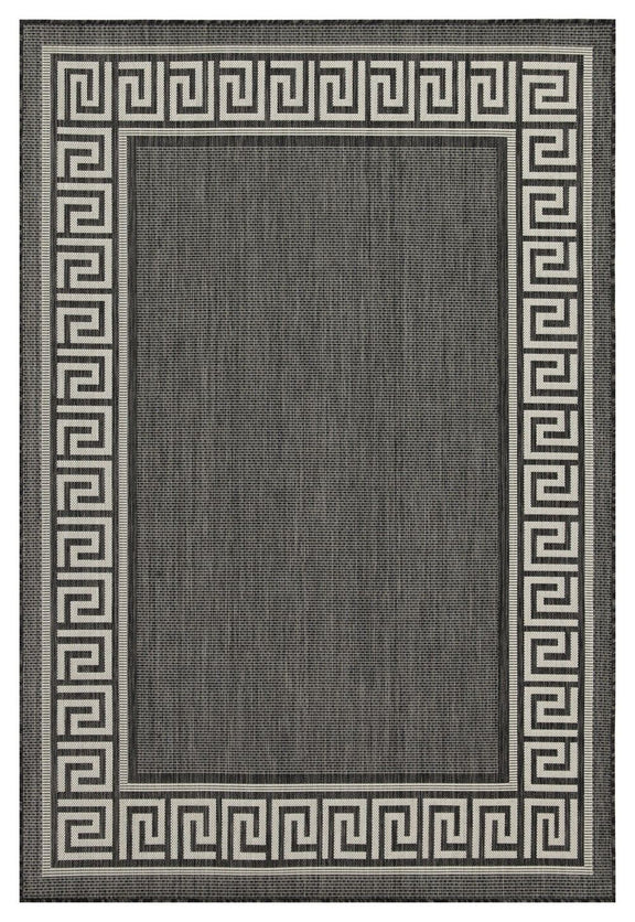 Indoor/outdoor area rug with charcoal gray Greek key border and darker center