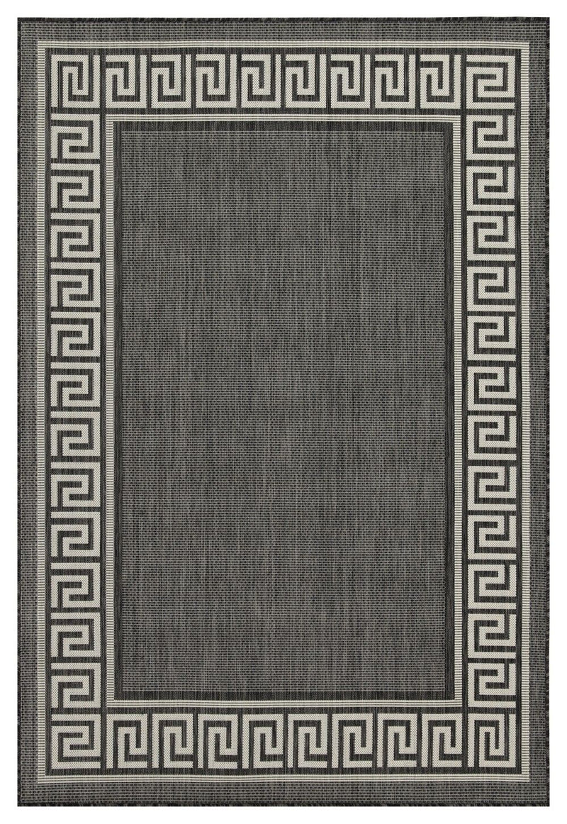 Indoor/outdoor area rug with charcoal gray Greek key border and darker center