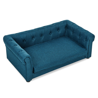 Blue rectangular elevated pet sofa bed with tufted back and rolled armrests