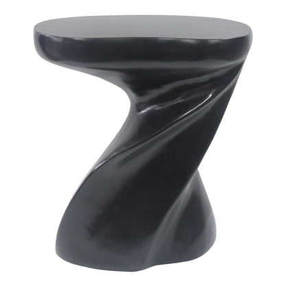Twisted sculptural side table with round top and black glossy finish