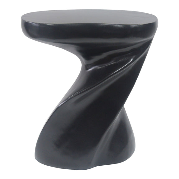 Twisted sculptural side table with round top and black glossy finish