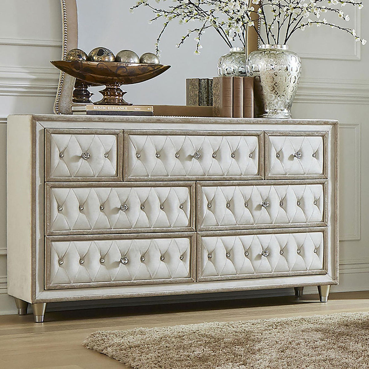 Antonella 7-drawer Upholstered Dresser Ivory and Camel