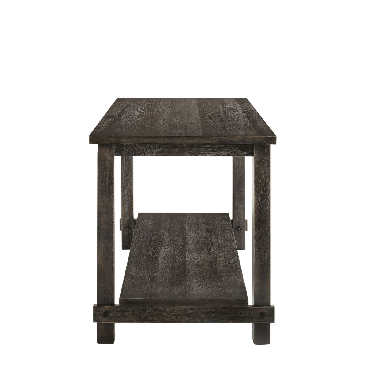 Dark gray counter-height dining table with solid top and lower shelf