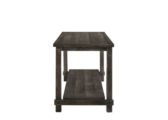 Dark gray counter-height dining table with solid top and lower shelf