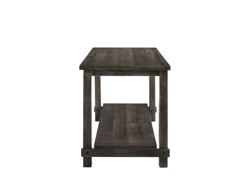 Dark gray counter-height dining table with solid top and lower shelf