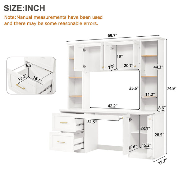 White computer desk with hutch measurement diagram with labeled dimensions and drawer layout