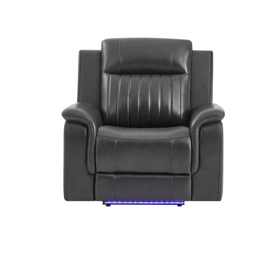 Charcoal power recliner with welt trim, padded arms, and LED light strip on base