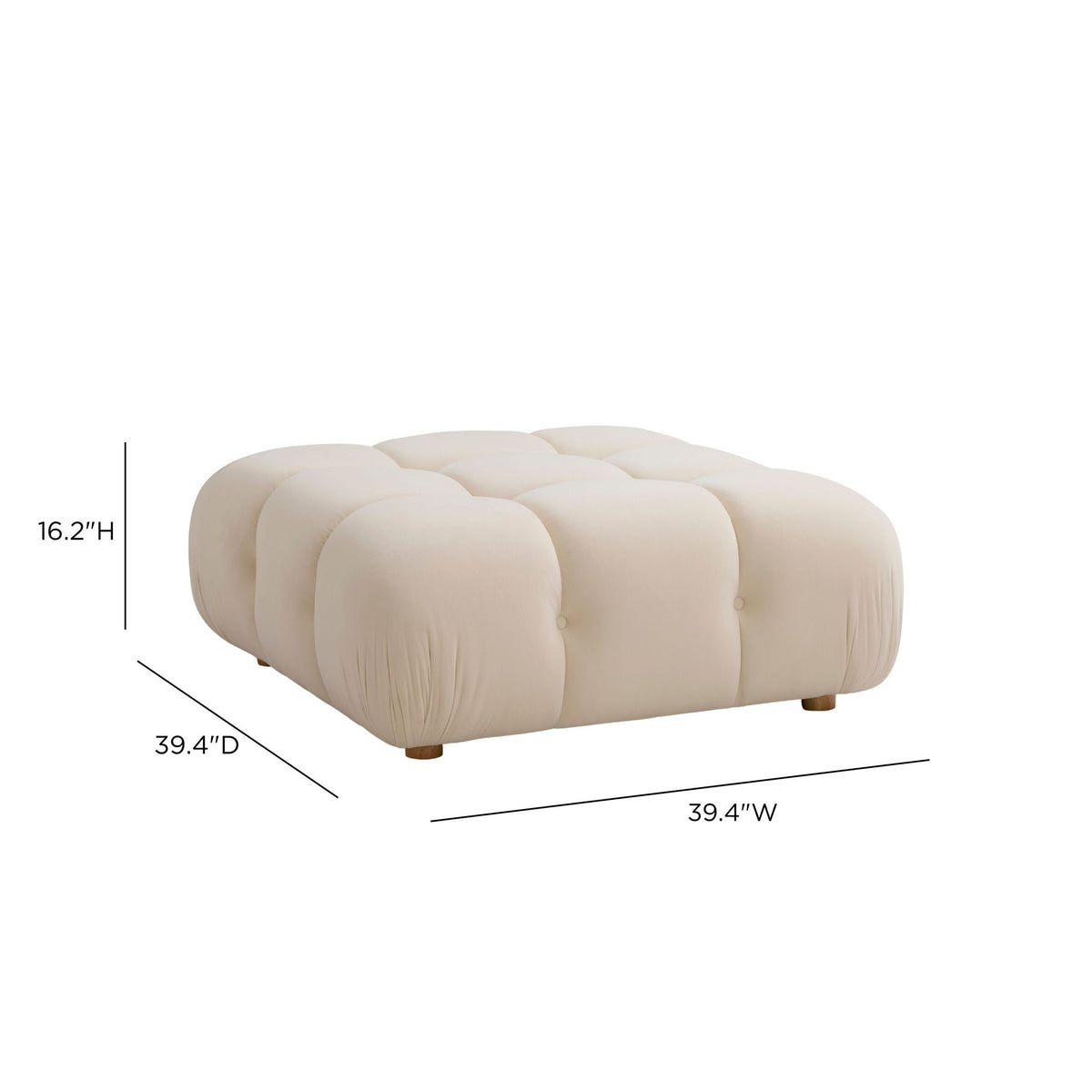 Cream modular ottoman with segmented top panels, button tufting, and wooden feet